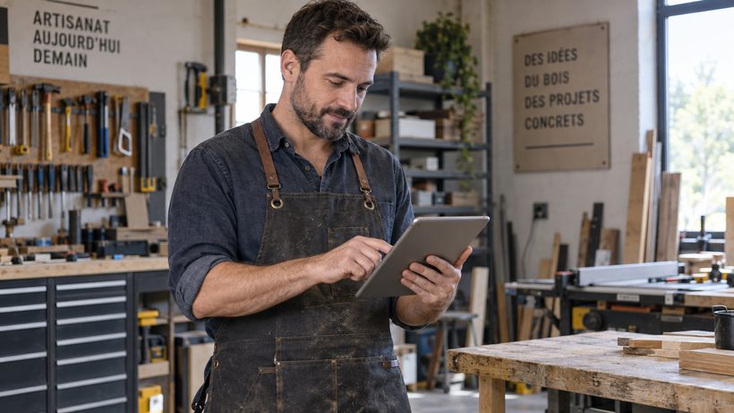 Artisan consultant une tablette dans son atelier